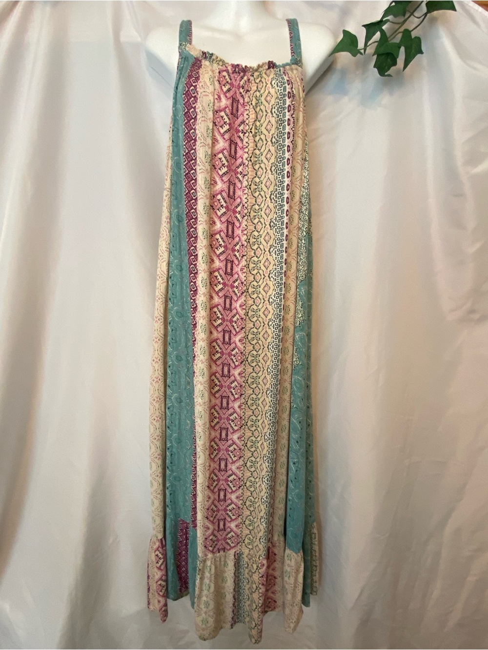 Lovestitch Teal, Pink, Cream with Metallic Thread Vertical Print Boho Maxi Dress